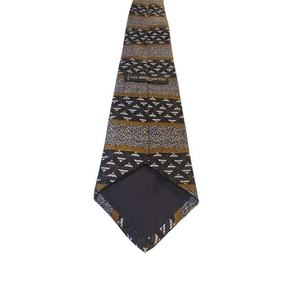 Vintage Les Impromptus Paris Tie Mens Black Geometric Stripes‎ Silk Long Necktie - Picture 4 of 11
